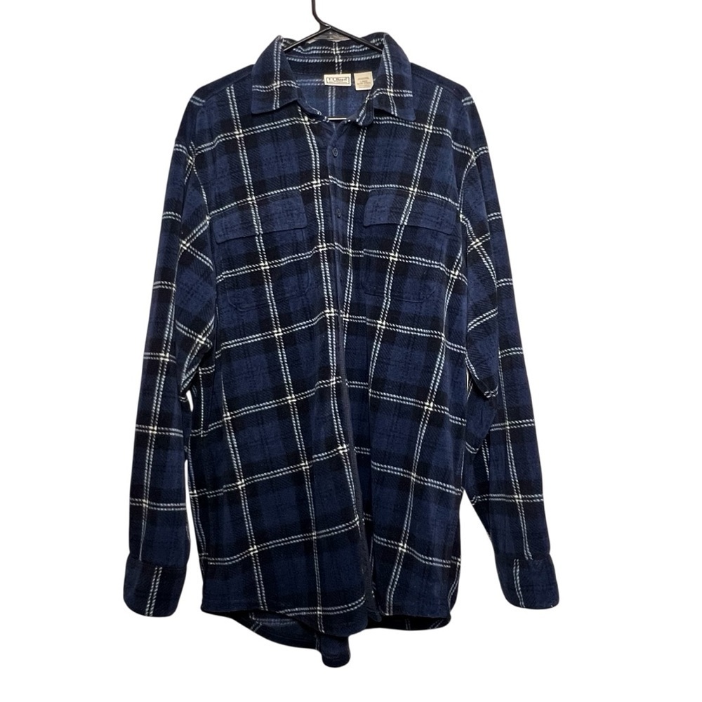 LL Bean Mens Size Large Fleece Shirt Jacket Navy Blue Plaid Shacket Cozy